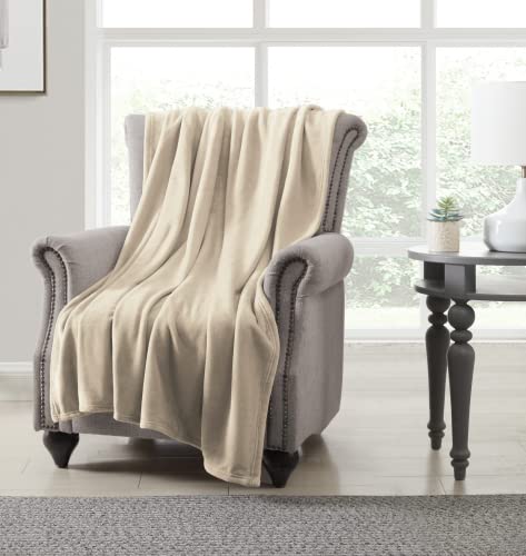 U.S. Polo Assn. Super Soft Oversized Bed & Couch Throw Blanket, Fuzzy Warm Lightweight Flannel Throws, All Season Plush Fleece Comfort, 50x70in, Beige