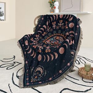 tiowik mandala flower throw woven blanket with tassel for home decoration chair couch sofa bed beach travel picnic cloth tapestry shawl cozy cotton (black 63×51 inches)