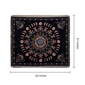 tiowik Mandala Flower Throw Woven Blanket with Tassel for Home Decoration Chair Couch Sofa Bed Beach Travel Picnic Cloth Tapestry Shawl Cozy Cotton (Black 63×51 Inches)