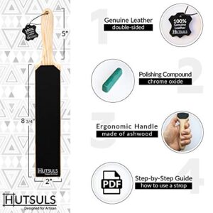 Hutsuls Double Sided Strop Paddle - Get Razor-Sharp Edges with Knife Strop Kit, Easy to Use Quality Leather Strop Sharpener with Ergonomic Handle & Leather Honing Strop Step-by-Step Guide is Included