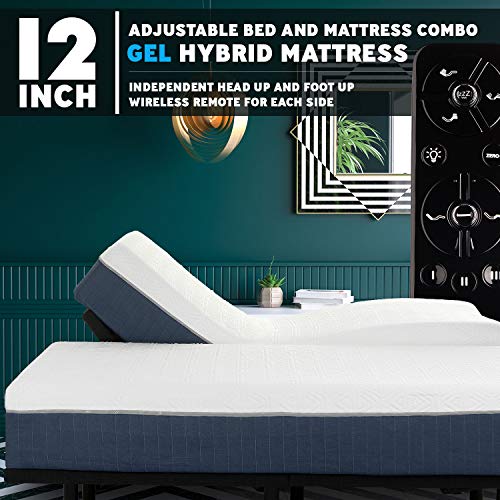 Blissful Nights Premium Adjustable Bed Frame and 12 Inch Hybrid Gel Infused Memory Foam Mattress Medium Soft Feel CertiPUR-US Certified (Split Cal King)