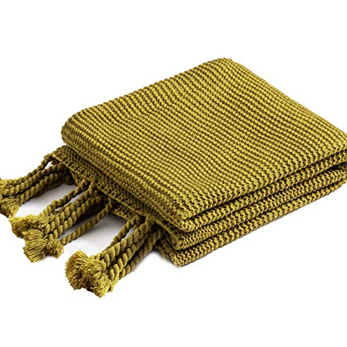 RUDONG M Knitted Throw Blanket with Fringe, Mustard Green Knit Throw Blanket for Couch Bed Sofa 50" x 60"