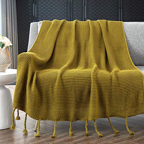 RUDONG M Knitted Throw Blanket with Fringe, Mustard Green Knit Throw Blanket for Couch Bed Sofa 50" x 60"