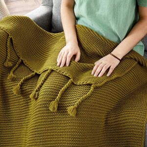 RUDONG M Knitted Throw Blanket with Fringe, Mustard Green Knit Throw Blanket for Couch Bed Sofa 50" x 60"