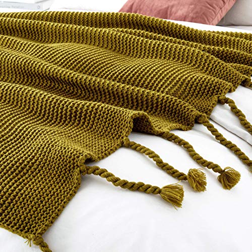 RUDONG M Knitted Throw Blanket with Fringe, Mustard Green Knit Throw Blanket for Couch Bed Sofa 50" x 60"