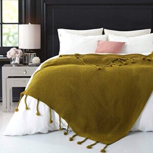 RUDONG M Knitted Throw Blanket with Fringe, Mustard Green Knit Throw Blanket for Couch Bed Sofa 50" x 60"