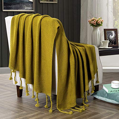 RUDONG M Knitted Throw Blanket with Fringe, Mustard Green Knit Throw Blanket for Couch Bed Sofa 50" x 60"