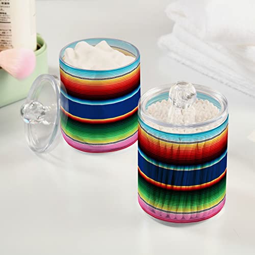 Kigai 2 Pack Mexican Serape Blanket Stripes Qtip Holders Dispenser Bathroom Vanity Organizers Clear Plastic Apothecary Jars with Lids for Cotton Ball, Cotton Swab, Cotton Round Pads, Floss