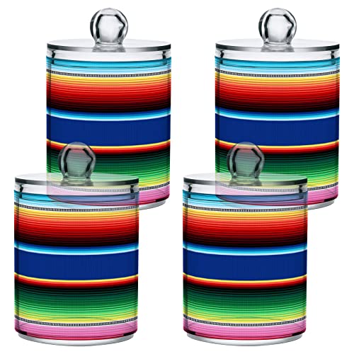 Kigai 2 Pack Mexican Serape Blanket Stripes Qtip Holders Dispenser Bathroom Vanity Organizers Clear Plastic Apothecary Jars with Lids for Cotton Ball, Cotton Swab, Cotton Round Pads, Floss