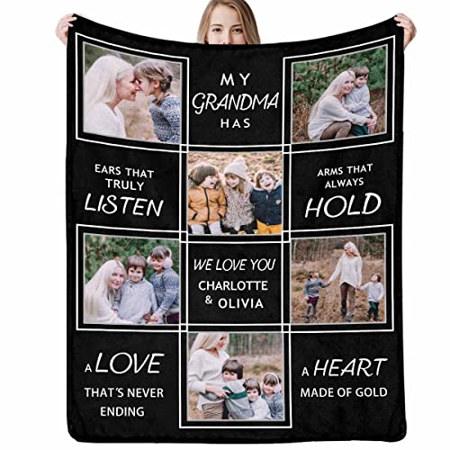 D-Story Customized Gifts for Grandma Custom Blanket with Photo, Personalized Grandma Blankets with Pictures Text, Custom Best Grandma Ever Memorial Throw Blanket, 5 Sizes, Made in USA