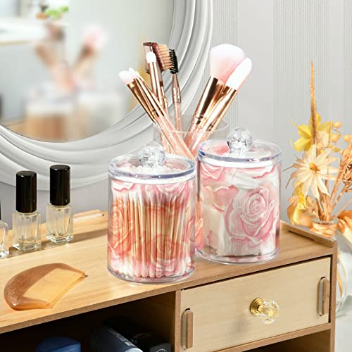 WELLDAY Apothecary Jars Bathroom Storage Organizer with Lid - 14 oz Qtip Holder Storage Canister, Pink Rose Flower Clear Plastic Jar for Cotton Swab, Cotton Ball, Floss Picks, Makeup Sponges,Hair Clip