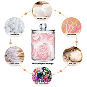 WELLDAY Apothecary Jars Bathroom Storage Organizer with Lid - 14 oz Qtip Holder Storage Canister, Pink Rose Flower Clear Plastic Jar for Cotton Swab, Cotton Ball, Floss Picks, Makeup Sponges,Hair Clip