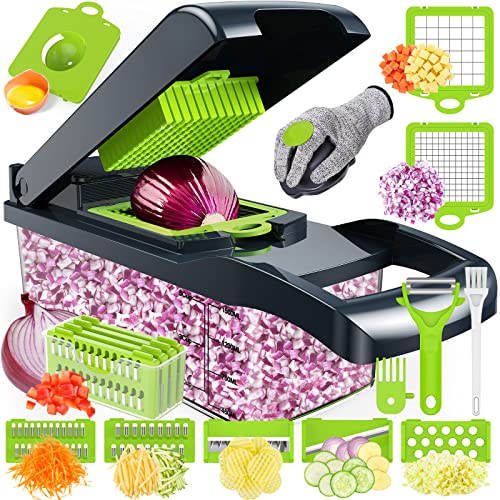 Amzeth Vegetable Chopper, 16 in 1 Food Chopper, Pro Onion Chopper, Kitchen Vegetable Cutter Slicer Dicer, Veggie Chopper with 8 Blades, Potato Carrot Garlic Chopper with Container (Gray)