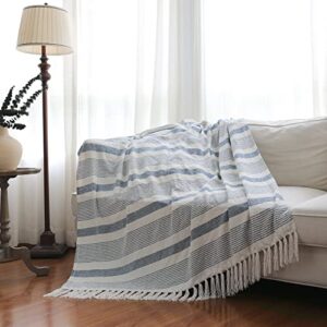 boho farmhouse woven navy and ivory chenille throw fringe 50 x 60 blanket blue and white striped, velvety decorative textured throw, soft cozy blanket with tassels for couch, bed, sofa, office