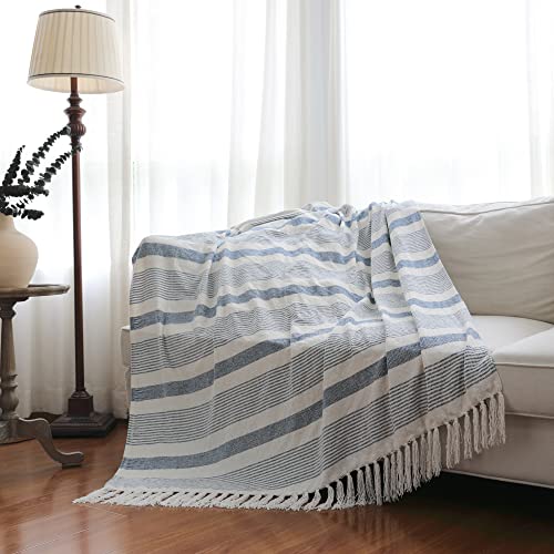 Boho Farmhouse Woven Navy and Ivory Chenille Throw Fringe 50 x 60 Blanket Blue and White Striped, Velvety Decorative Textured Throw, Soft Cozy Blanket with Tassels for Couch, Bed, Sofa, Office