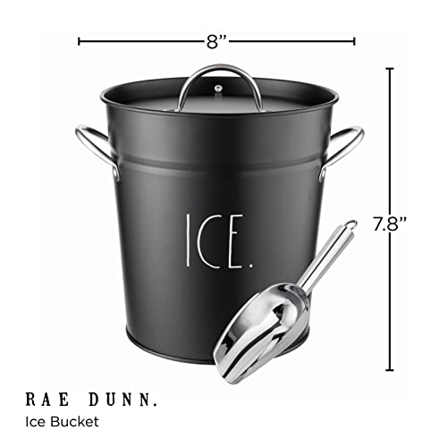 Rae Dunn Ice Bucket with Scoop - Stainless Steel Bucket with Handle, Lid and Ice Scooper - 4 Qt. Storage Bin for Ice Cubes for Bars, Parties, Backyard Barbeques, Picnics, and Camping (Black)