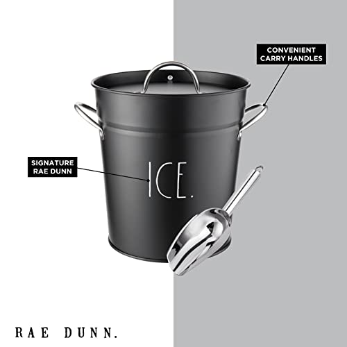 Rae Dunn Ice Bucket with Scoop - Stainless Steel Bucket with Handle, Lid and Ice Scooper - 4 Qt. Storage Bin for Ice Cubes for Bars, Parties, Backyard Barbeques, Picnics, and Camping (Black)