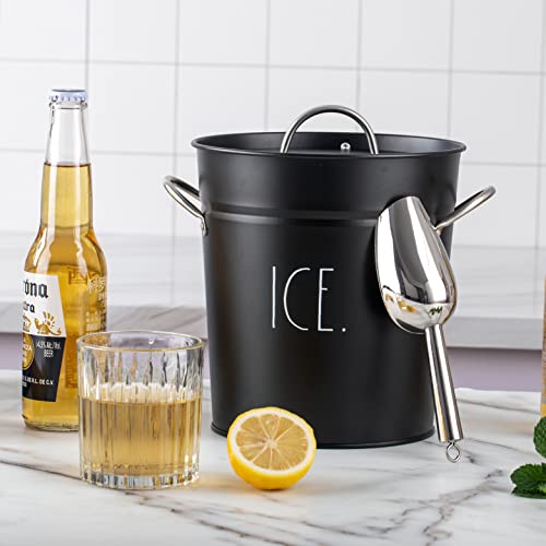 Rae Dunn Ice Bucket with Scoop - Stainless Steel Bucket with Handle, Lid and Ice Scooper - 4 Qt. Storage Bin for Ice Cubes for Bars, Parties, Backyard Barbeques, Picnics, and Camping (Black)