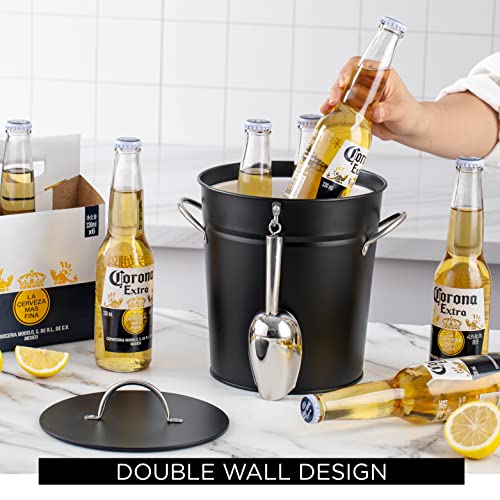 Rae Dunn Ice Bucket with Scoop - Stainless Steel Bucket with Handle, Lid and Ice Scooper - 4 Qt. Storage Bin for Ice Cubes for Bars, Parties, Backyard Barbeques, Picnics, and Camping (Black)