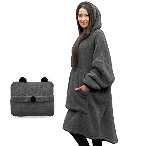 Tenby Wearable Blanket for Women and Men, Oversized One Size Fits All Blanket Hoodie Sweatshirt with Front Pocket, Cozy Indoor Outdoor Foldable Portable Sherpa with Handle and Trolley Straps, Gray