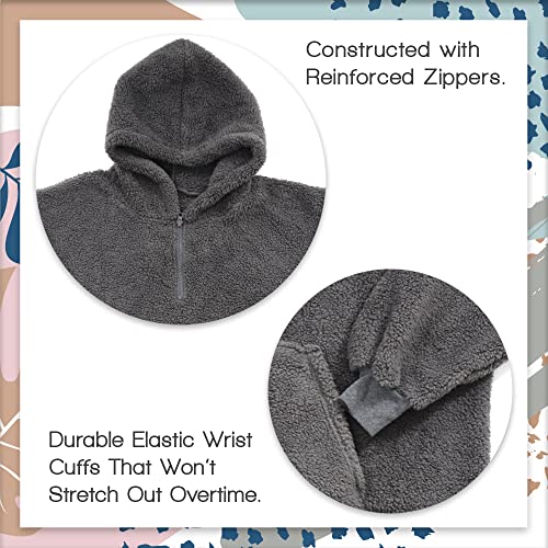 Tenby Wearable Blanket for Women and Men, Oversized One Size Fits All Blanket Hoodie Sweatshirt with Front Pocket, Cozy Indoor Outdoor Foldable Portable Sherpa with Handle and Trolley Straps, Gray