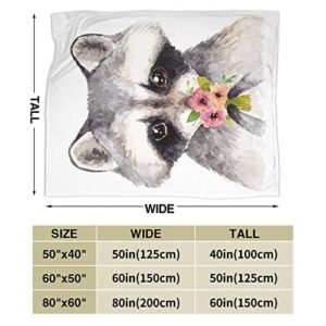 Raccoon and Flowers Soft Throw Blanket All Season Microplush Warm Blankets Lightweight Tufted Fuzzy Flannel Fleece Throws Blanket for Bed Sofa Couch 80"x60"