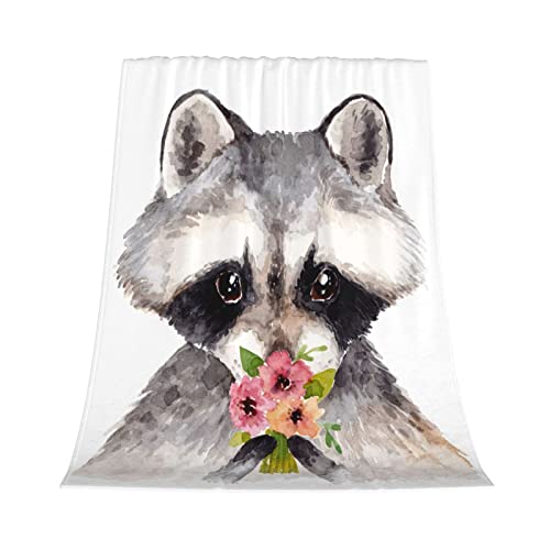 Raccoon and Flowers Soft Throw Blanket All Season Microplush Warm Blankets Lightweight Tufted Fuzzy Flannel Fleece Throws Blanket for Bed Sofa Couch 80"x60"