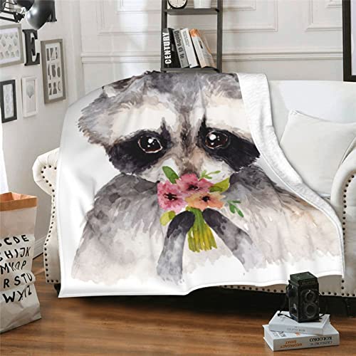 Raccoon and Flowers Soft Throw Blanket All Season Microplush Warm Blankets Lightweight Tufted Fuzzy Flannel Fleece Throws Blanket for Bed Sofa Couch 80"x60"