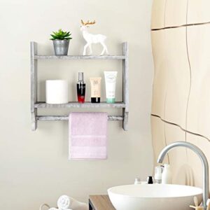 Wall Mounted Shelf with Towel Bar Rack, Rustic Towel Rack with Storage Shelf Farmhouse 2-Tier Hanging Torched Wood Shelf Organizer Floating Shelves Towel Holder for Kitchen, Bathroom, Greyish White