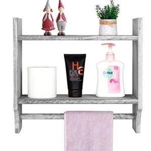 Wall Mounted Shelf with Towel Bar Rack, Rustic Towel Rack with Storage Shelf Farmhouse 2-Tier Hanging Torched Wood Shelf Organizer Floating Shelves Towel Holder for Kitchen, Bathroom, Greyish White