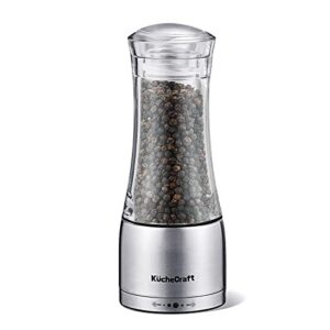 pepper grinder - kuchecraft intuitive salt grinder or pepper grinder refillable - stainless steel manual pepper mill with aroma sealable cap - up to 5 preset grind sizes