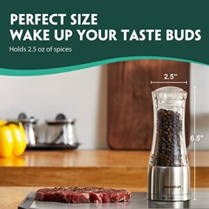 Pepper Grinder - KucheCraft Intuitive Salt Grinder or Pepper Grinder Refillable - Stainless Steel Manual Pepper Mill with Aroma Sealable Cap - Up to 5 Preset Grind Sizes