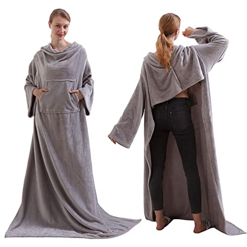 M.Nollby Wearable Blanket Flannel Fleece Snuggle Blanket with Sleeves and Pocket for Women Men Cozy and Comfy Soft TV Blanket Wrap Throw for Sofa and Bed