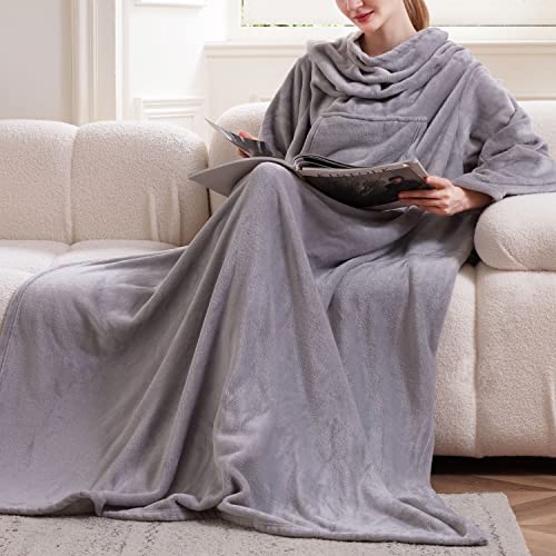 M.Nollby Wearable Blanket Flannel Fleece Snuggle Blanket with Sleeves and Pocket for Women Men Cozy and Comfy Soft TV Blanket Wrap Throw for Sofa and Bed