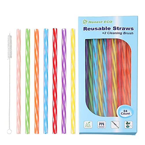 Honest ECO Reusable Stirrer Straws, Straw Cleaner Brush, Short Assorted color Plastic Straws fit for Milk & Juice & Coffee & Smoothies & Cocktail & Kids Straws Kit (24Count-7.5in)