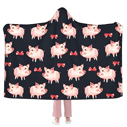 Cute Pig Hooded Blanket Anti-Pilling Flannel Wearable Blanket Hoodie-Plush Warm Blanket Throw Blankets Fit for Kids, Adults, Teens