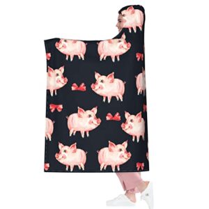 Cute Pig Hooded Blanket Anti-Pilling Flannel Wearable Blanket Hoodie-Plush Warm Blanket Throw Blankets Fit for Kids, Adults, Teens