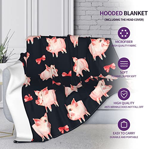 Cute Pig Hooded Blanket Anti-Pilling Flannel Wearable Blanket Hoodie-Plush Warm Blanket Throw Blankets Fit for Kids, Adults, Teens