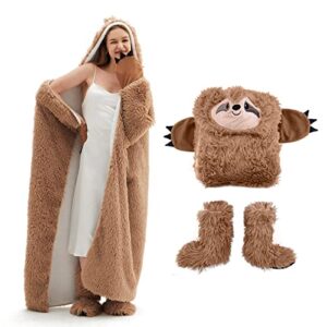 sloth blanket hoodie wearable blanket warm sherpa fleece and soft faux fleece fabric with gloves and plush slipper sock throw cloak blankets for adults and kids