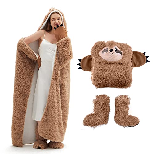 Sloth Blanket Hoodie Wearable Blanket Warm Sherpa Fleece and Soft Faux Fleece Fabric with Gloves and Plush Slipper Sock Throw Cloak blankets for Adults and Kids