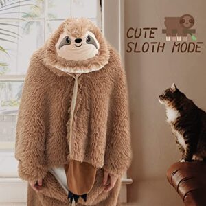 Sloth Blanket Hoodie Wearable Blanket Warm Sherpa Fleece and Soft Faux Fleece Fabric with Gloves and Plush Slipper Sock Throw Cloak blankets for Adults and Kids