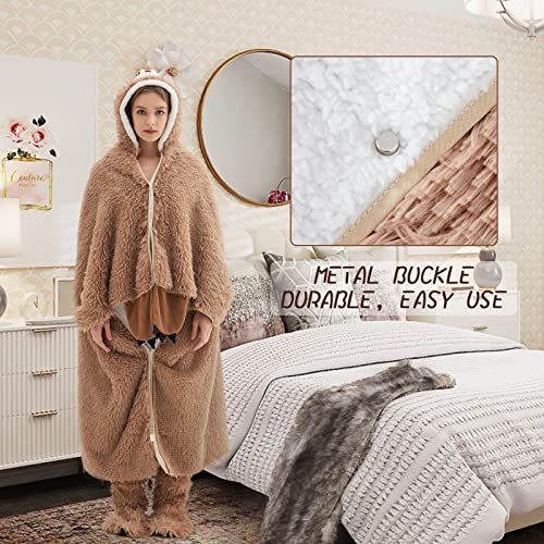 Sloth Blanket Hoodie Wearable Blanket Warm Sherpa Fleece and Soft Faux Fleece Fabric with Gloves and Plush Slipper Sock Throw Cloak blankets for Adults and Kids