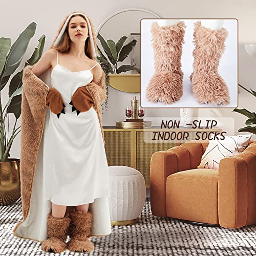 Sloth Blanket Hoodie Wearable Blanket Warm Sherpa Fleece and Soft Faux Fleece Fabric with Gloves and Plush Slipper Sock Throw Cloak blankets for Adults and Kids