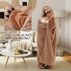 Sloth Blanket Hoodie Wearable Blanket Warm Sherpa Fleece and Soft Faux Fleece Fabric with Gloves and Plush Slipper Sock Throw Cloak blankets for Adults and Kids