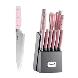 hecef kitchen knife block set, 14 pieces knife set with wooden block & sharpener steel & all-purpose scissors, high carbon stainless steel cutlery set, mothers day gift housewarming birthday (pink)