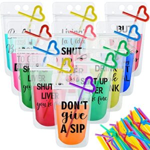 drink pouches with straws plastic drink bags with zipper party beverage bags juice pouches for adults and teens (36 sets,9 styles)