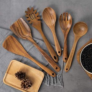 10 Pack Wooden Spoons for Cooking, Teak Wood Kitchen Utensils Set for Non Stick Use, Spatula Set for Stirring, Baking, Non Stick Wooden Utensils for Kitchen