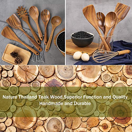 10 Pack Wooden Spoons for Cooking, Teak Wood Kitchen Utensils Set for Non Stick Use, Spatula Set for Stirring, Baking, Non Stick Wooden Utensils for Kitchen