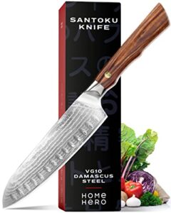 home hero elite series santoku knife 7 inch - 67 layer japanese vg 10 damascus chef knife - ergonomic rosewood handles & sheath - ultra sharp asian chef knives & kitchen favorites 2023