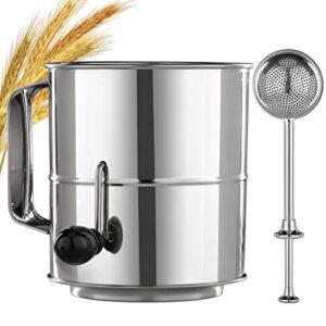piquebar flour sifter - 5 cup fine mesh hand crank sifter stainless steel with agitator wire loop for baking, powdered sugar duster set